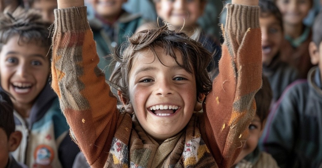 Smiling children with arms raised representing hope and community impact